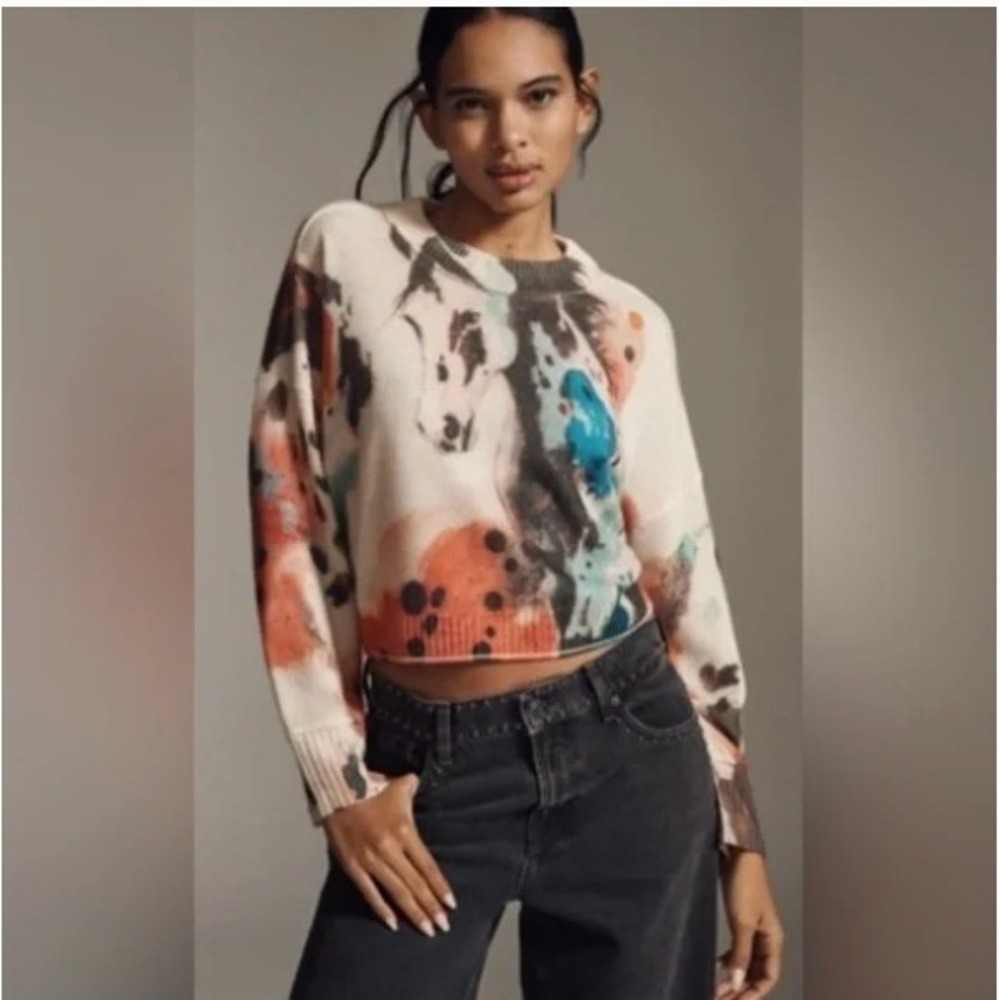 Anthropologie Artistic Horse Graphic Watercolor‎ Abstract Knit Cashmere Sweater